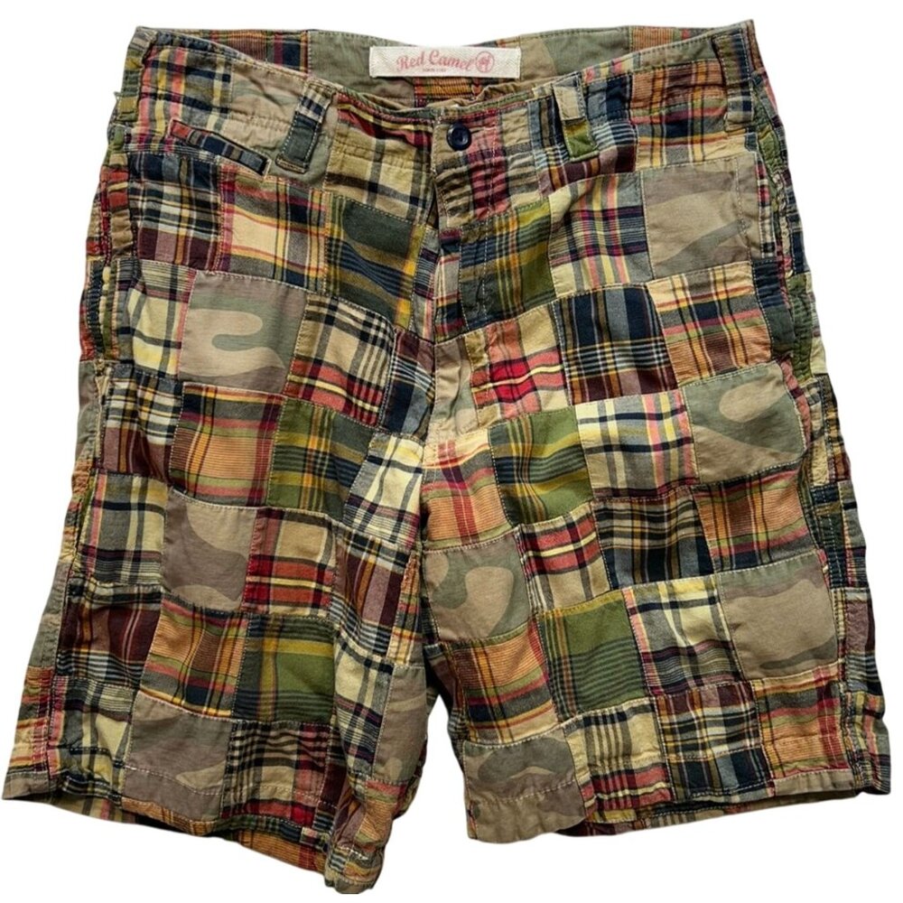 Red Camel Men's Cotton Chino Shorts Size 34 Madras Patch Checkered Pockets